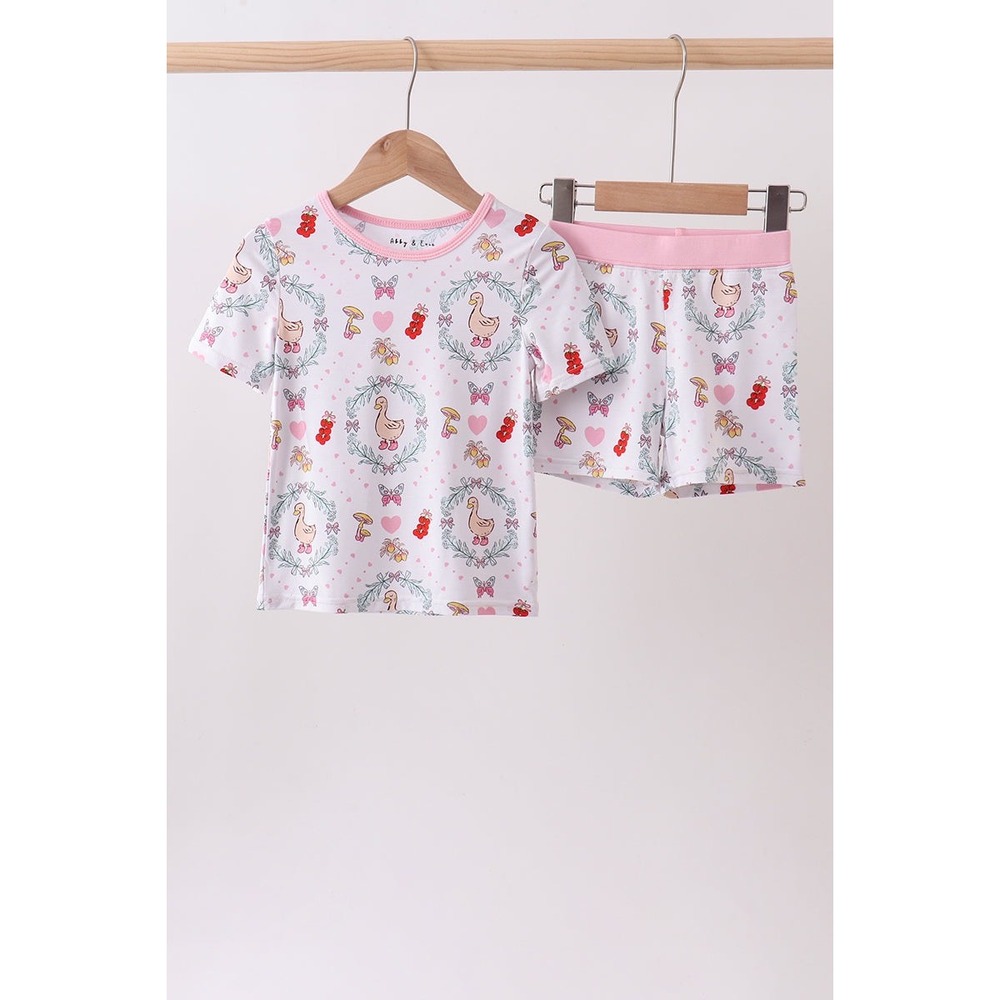 Abby & Evie Pink Goose Bamboo Shorts Set Girls 2T Cottagecore White Daywear PJs
